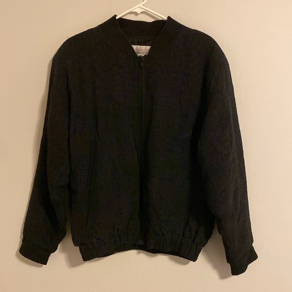 Black floral embroidery-type pattern 100% silk bomber style jacket